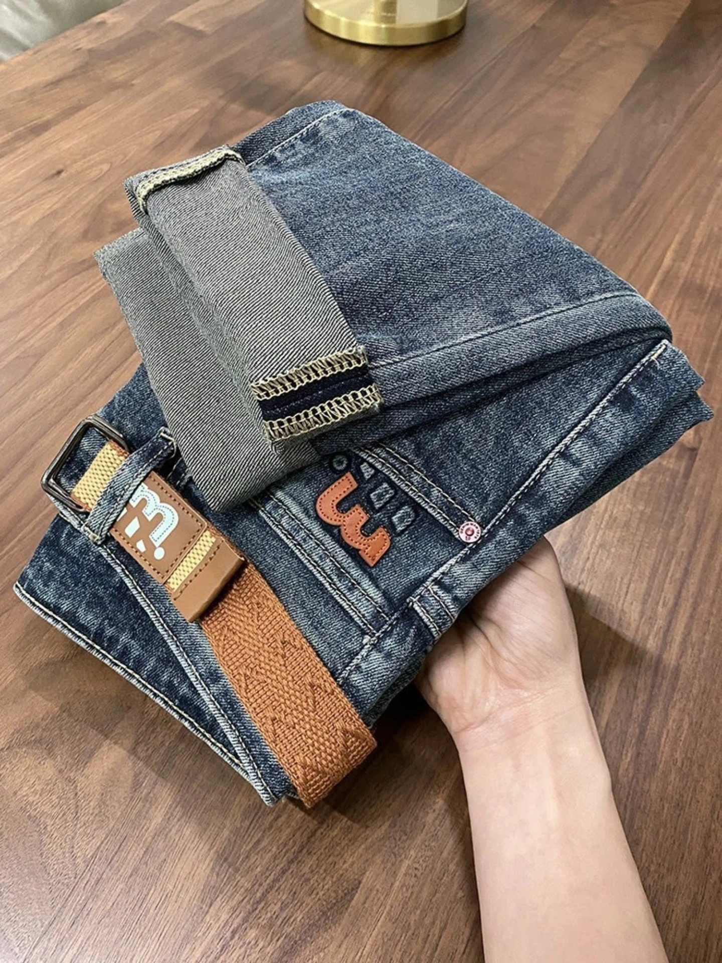 

Мужские джинсы приталенного кроя, синие универсальные модные брюки в стиле ретро, брюки со средней посадкой, хлопковые эластичные джинсовые джинсы с конусом, осень 2025 г.