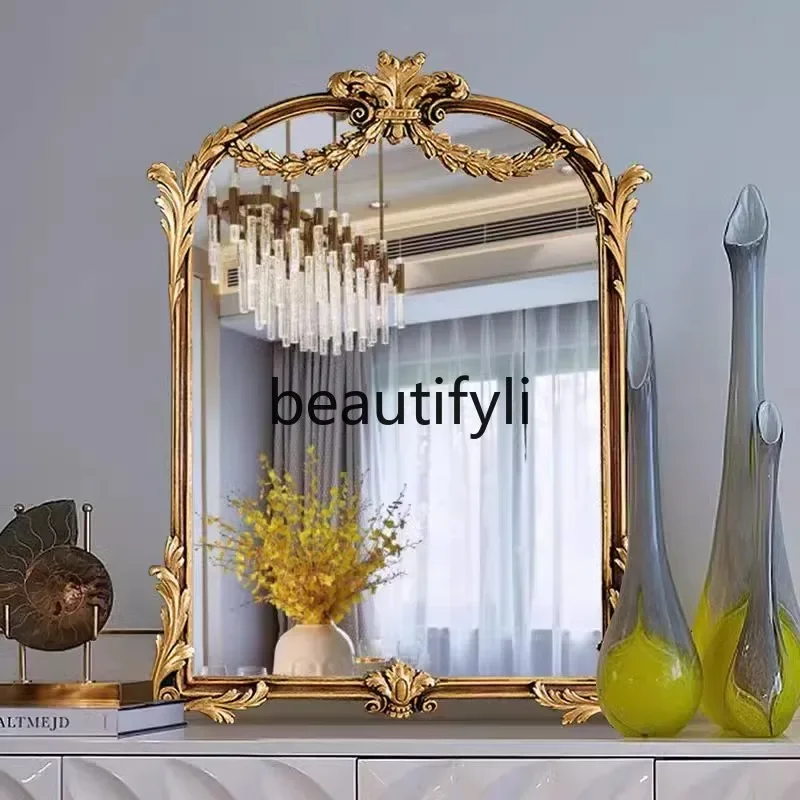 

European retro carved cosmetic mirror American fireplace wall-mounted cosmetic mirror light luxury bathroom mirror B03