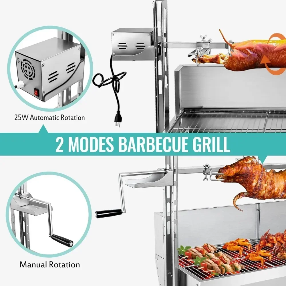 Stainless Steel Rotisserie Grill with Back Cover Guard,Lamb Rotisserie Roaster,BBQ Charcoal Rotisserie Grill for Camping Outdoor