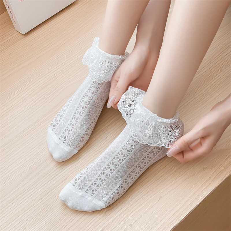 Women\'s Socks Cute Spring Summer New Solid Color Bow Sweet Short Socks Female Breathable Hollow Out Thin Socks Lace Fashion Soft