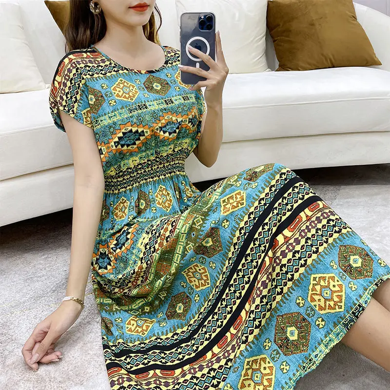 Boho Blumen Damen Sommerkleid Bohemian Trend Outfits lässige Strand kleider und Tuniken für Frauen 2024 Midi Baumwolle lose Mode