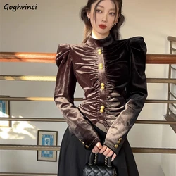 Chic Velour Button Folds Shirts Women Fashion Solid Simple Slim Young Popular All-match Elegant Waisted Tops Ladies New Ins BF