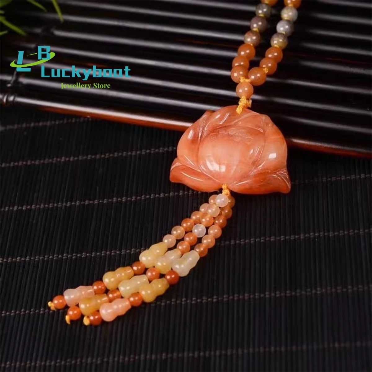 Natural Xinjiang Hotan Gold Silk Jade Lotus Sweater Chain Pendant Rope Men's and Women's Necklace Handmade Accessorie Jewellery