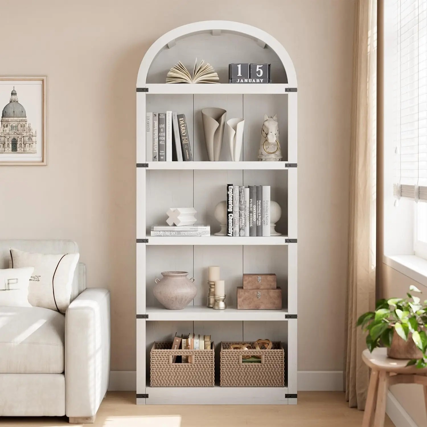 Gewölbtes Bücherregal mit 5 Regalen, 71,65 Zoll hohes Bücherregal, Bauernhaus-Display, Lagerregal, Bücherregale aus Holz für Zuhause, Büro, Wohnzimmer – Detail 13