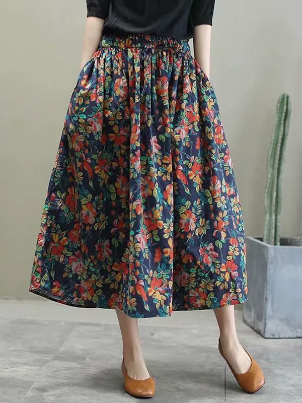 

Cotton and linen floral half skirt summer middle-aged and elderly ethnic style large size mother's women's casual clothes KVST