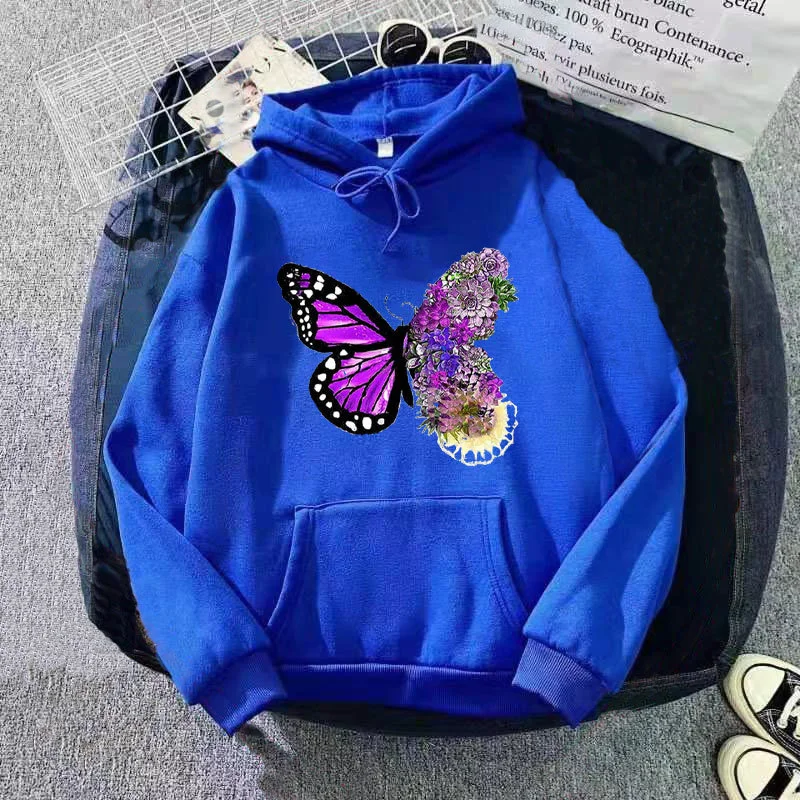 Korean Trend Sweatshirts for Woman Butterfly Print Autumn Female Hoodie Long Sleeves O-neck Pullovers Sporty and Rich Clothing