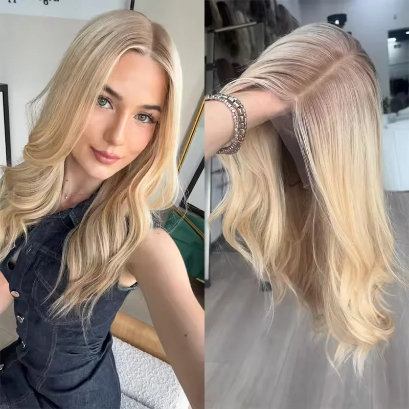 Women Ombre Golden Blonde Highlight Wavy Wigs 100% Human Hair Lace Front Wigs
