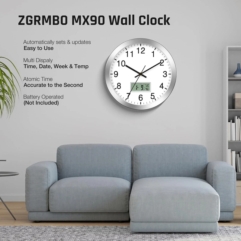 12Inch Atomic Analog Wall Clock With Digital Date,Week,Indoor Temp - Battery Operated Atomic Wall Clock, Auto Set