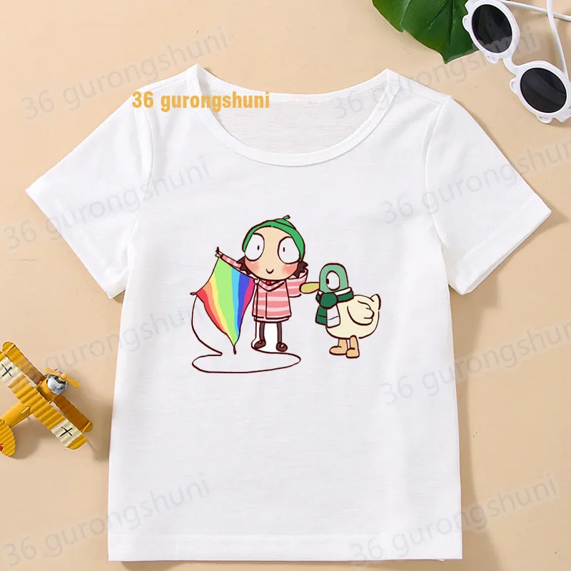 女の子と男の子のための漫画のTシャツ,3つの誕生日Tシャツ,子供服,Tシャツ,グラフィックTシャツ Sarah & Duck