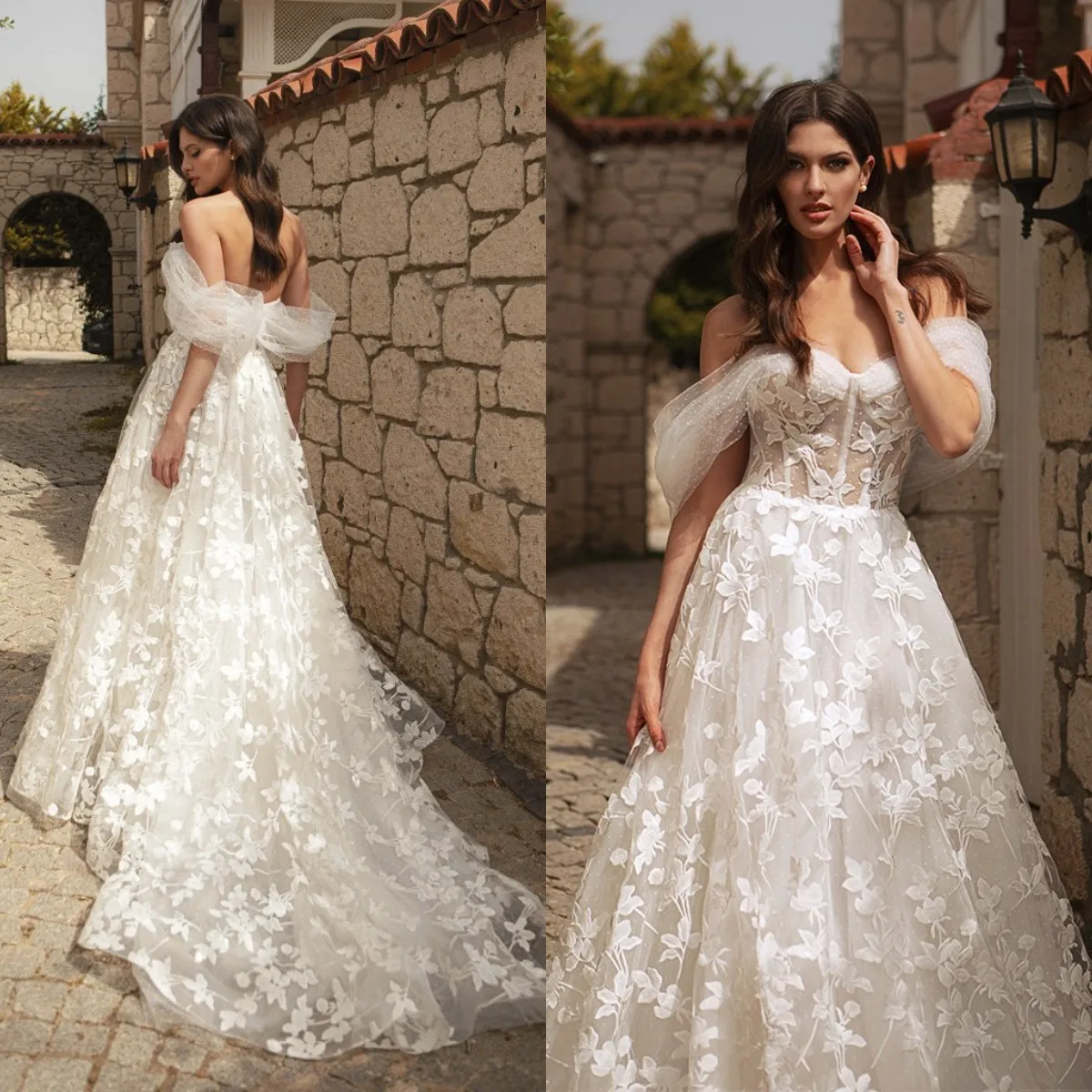 Off Shoulder A Line Wedding Dresses For Women 2023 Lace Floral Bridal Gown Backless Summer Boho Robe De Mariee