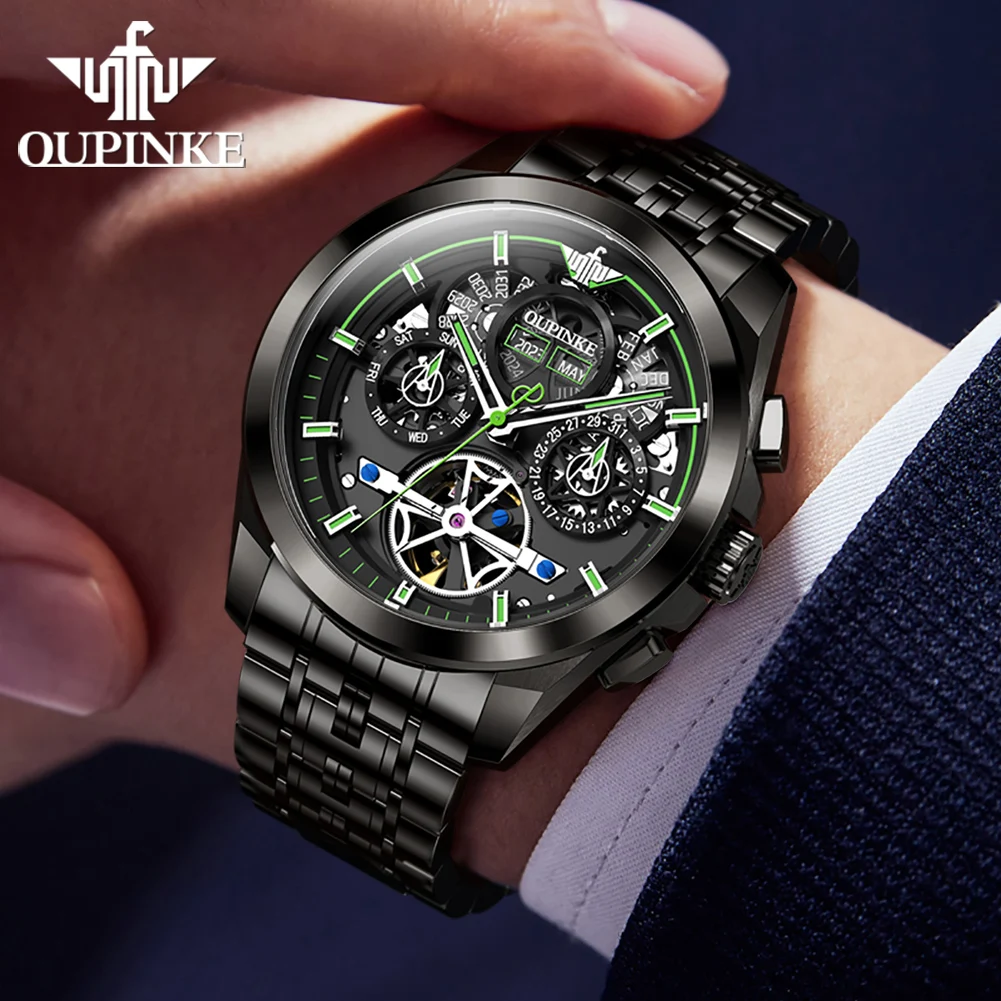 OUPINKE Luxury Brand Automatic Mechanical Men Watch Fashion Multi functional Hollow out Flywheel Black Cool Men Watch Reloj 3235