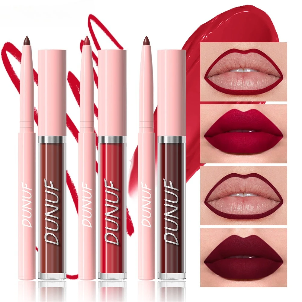 2-delige lipliner- en lipglossset Waterdichte, langdurige fluwelen afwerking Veegvaste make-up voor de hele dag voor een nauwkeurige definitie