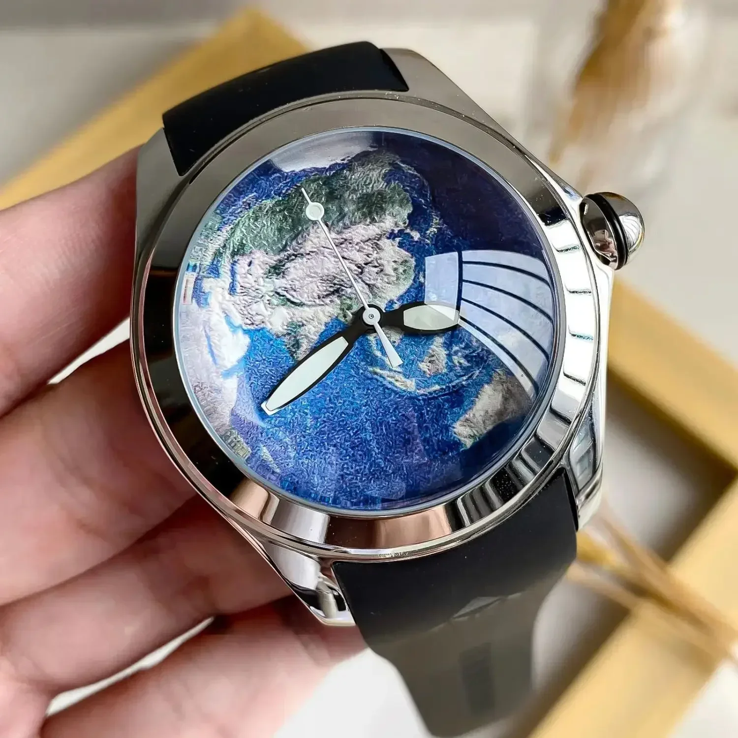 Nuevo reloj Blue Planet genuino, reloj mecánico completamente automático, relojes de moda para hombres, esfera grande con burbujas