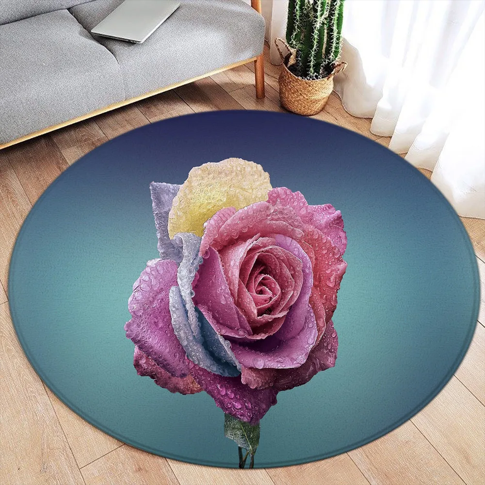 Red Roses Romance Round Carpet Modern Home Carpet Decor Flower Bedroom Living Room Floor Mat Flannel Round Area Rug