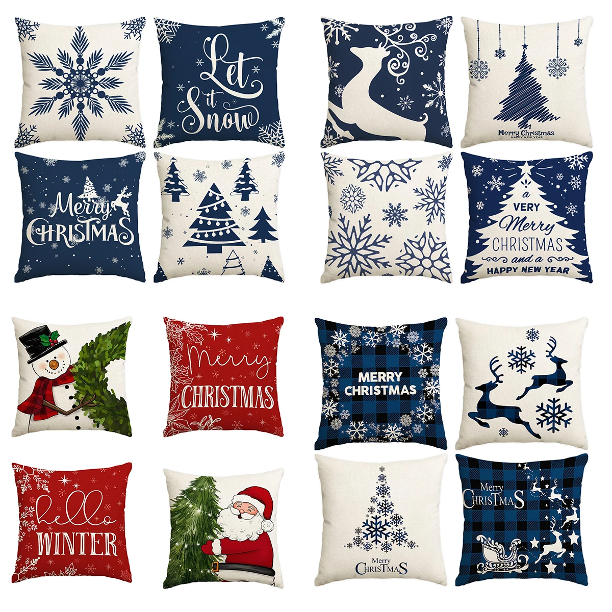 1 \ 4pcs blue Christmas pillow cover, single-sided printed cushion cover, suitable for living room sofas (without pillow core)