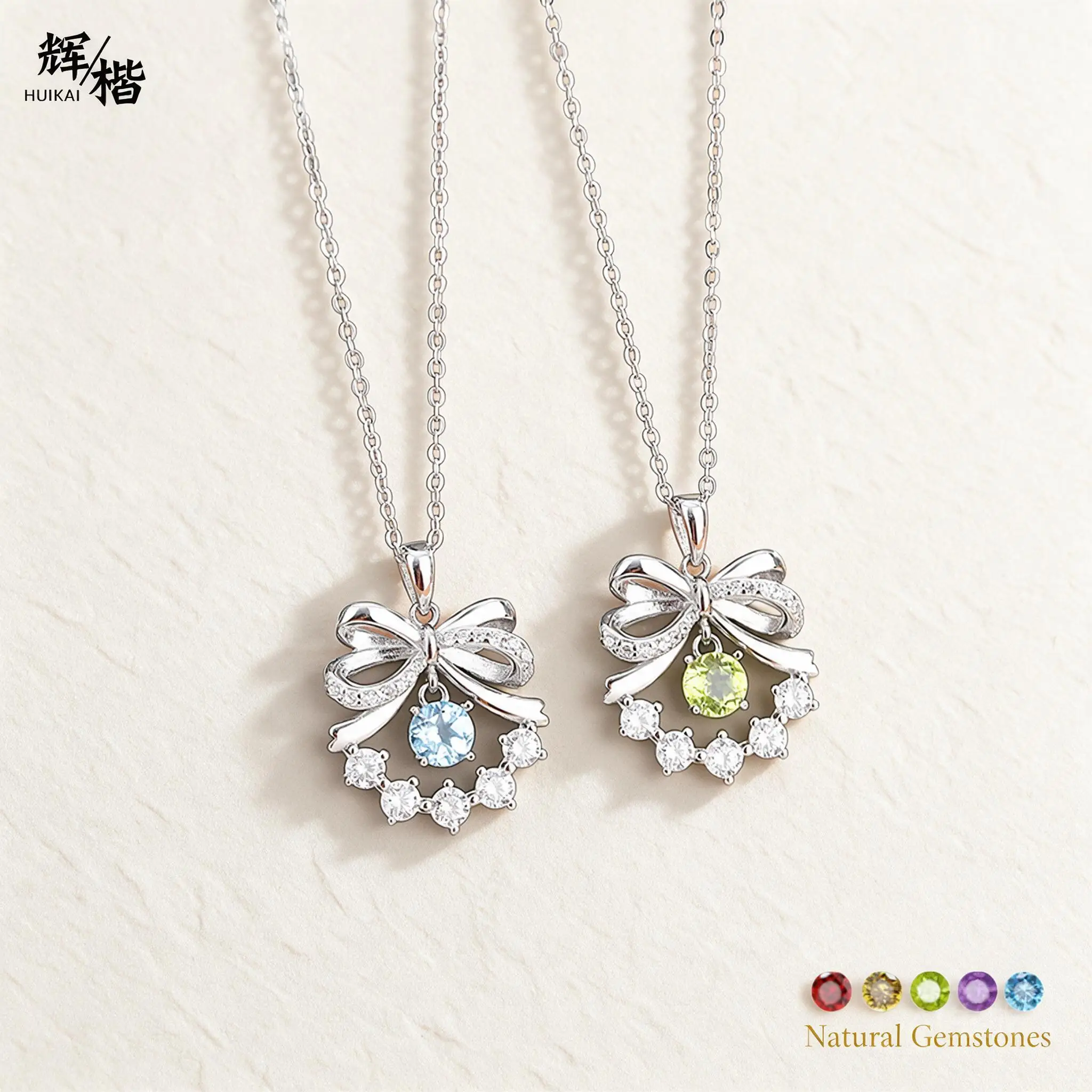 Ins Luxury S925 Sterling Silver Bowknot Pendant Necklace Natural Crystal Amethyst Citrine Topaz Peridot Garnet Gift For Women