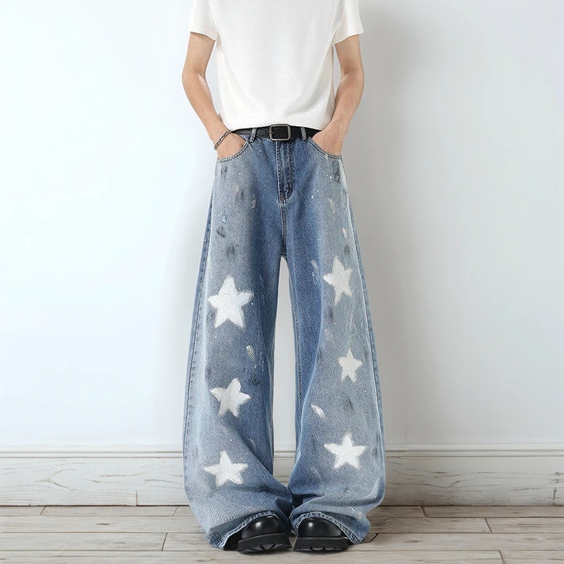 American Style Men's Denim Jeans Straight Leg Distressed Paint Graffiti Star Pattern Jeans Loose Fit Men Clothing