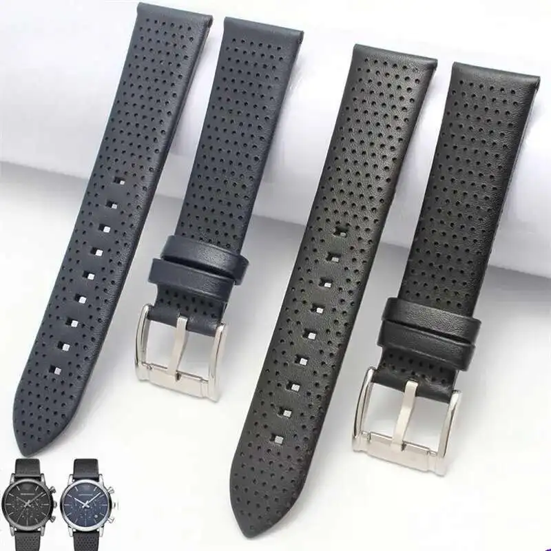 

Durable Black Blue Genuine Leather Watchband 20Mm Pin Clasp Breathable Calfskin Strap Fit For Armani AR1736 AR1735 Watch