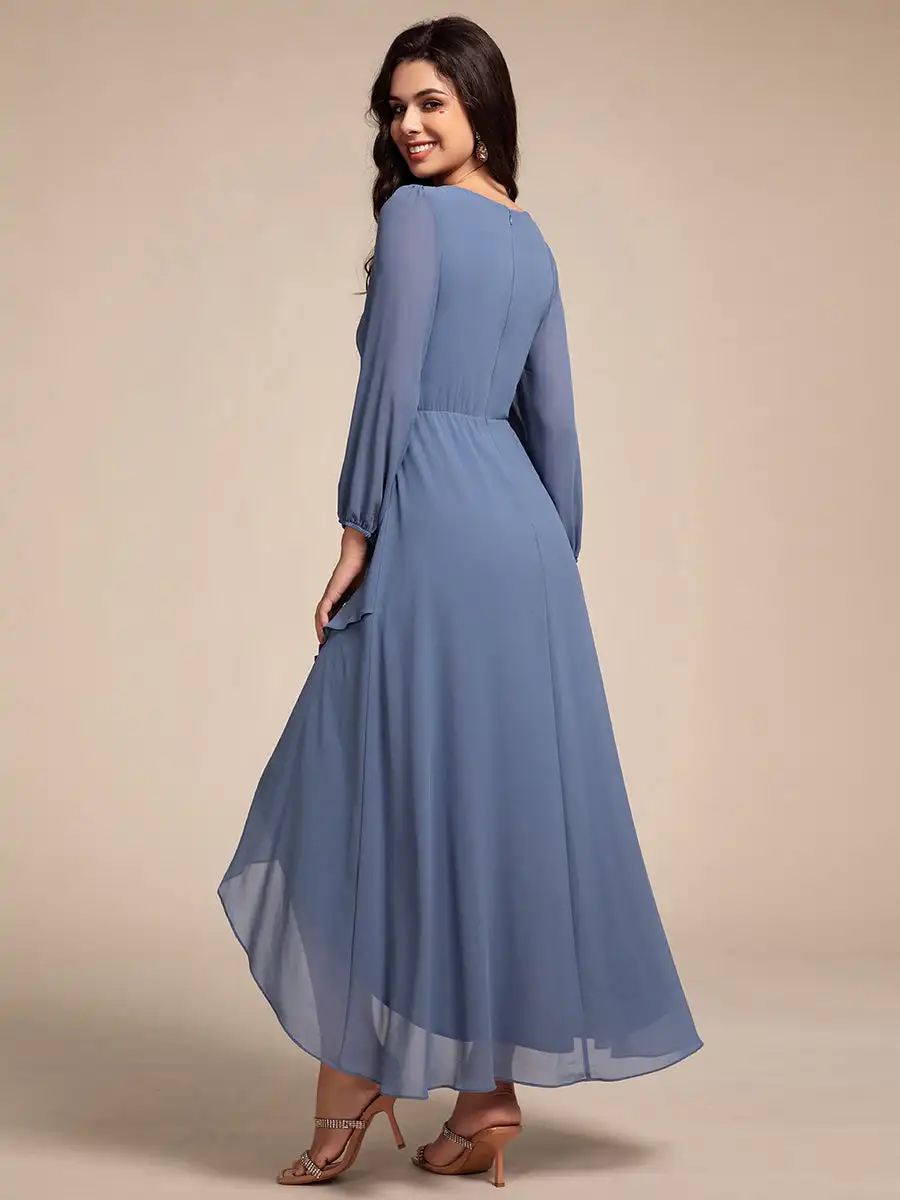 Classic Evening Dresses Deep V-Neck fold Appliques Long sleeve 2025 Ever Pretty of Chiffon Dusty Navy Bridesmaid dress