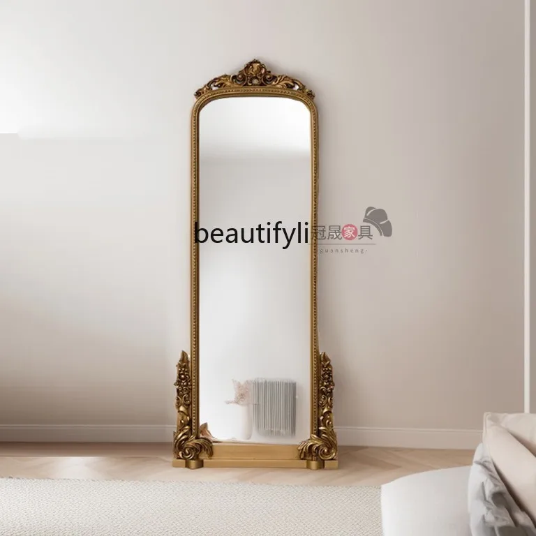 European retro floor mirror household wall-mounted full-length mirror living room carved arched full-length mirror