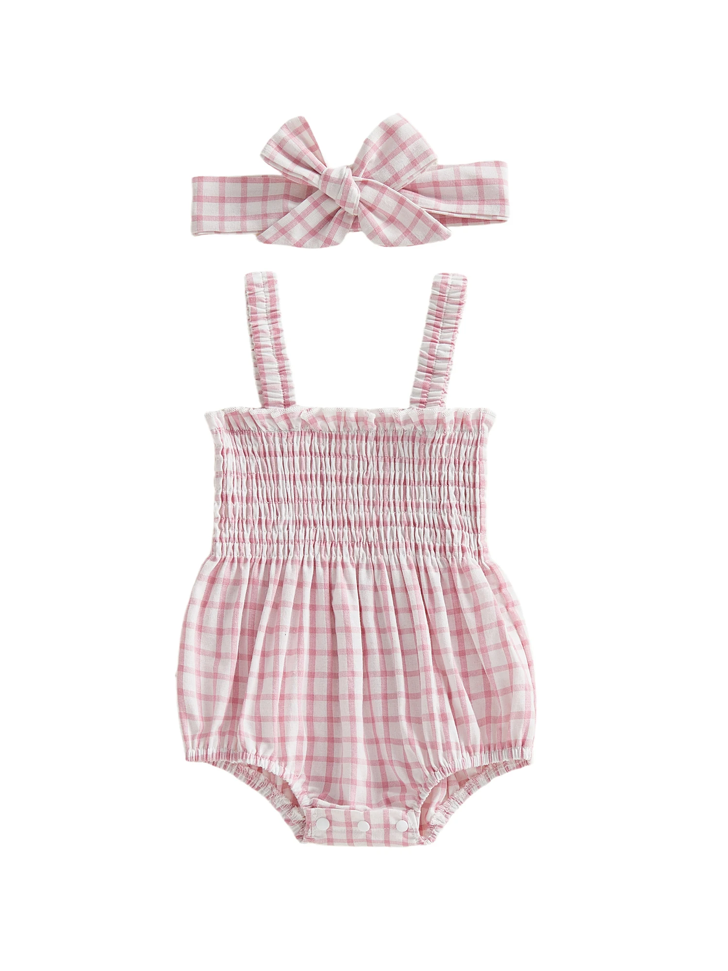 طقم ملابس للفتيات الصغيرات مكون من قطعتين مريح بدون أكمام ورقبة مربعة منقوشة وعصابة رأس #2