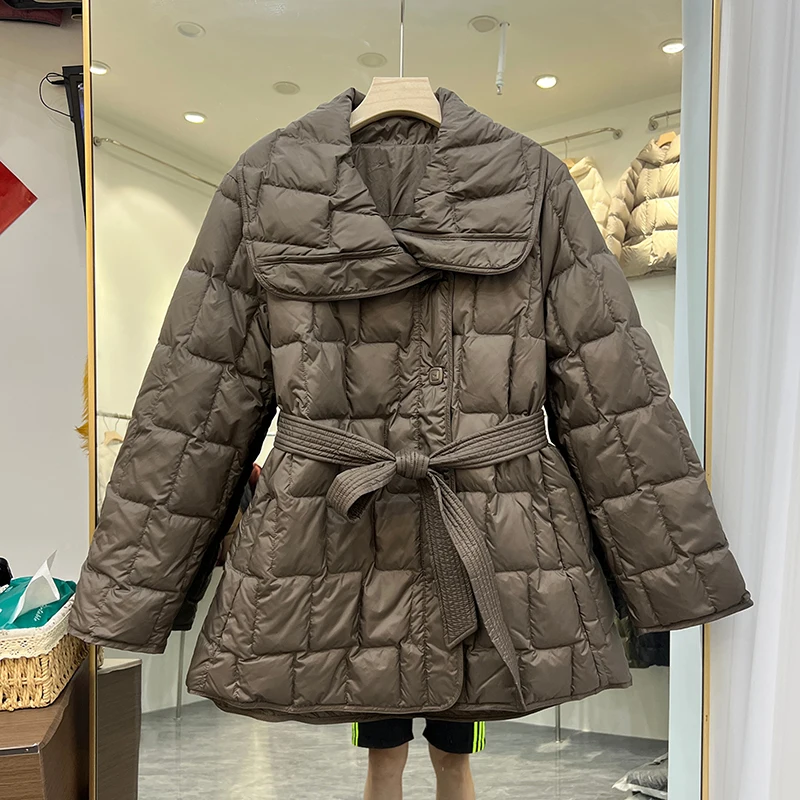 Winter Mid Length Large Lapel Down Jacket Women White Duck Down Big Pocket Loose Parker Outwear Female Thick Warm Lace Up Jacket