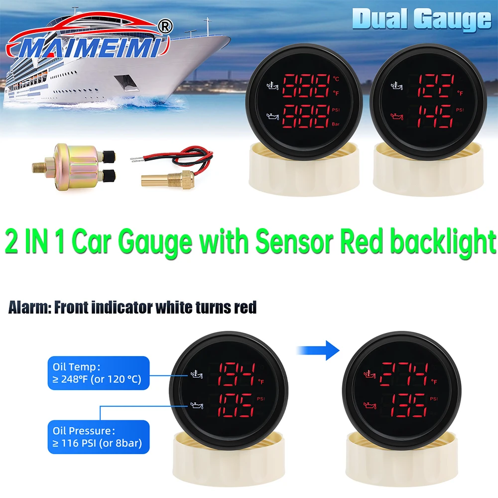 

2 IN 1 Oil Temperature+Oil Pressure Gauge with Sensor Digital car Gauge Red backlight for car truck yacht 12/24v