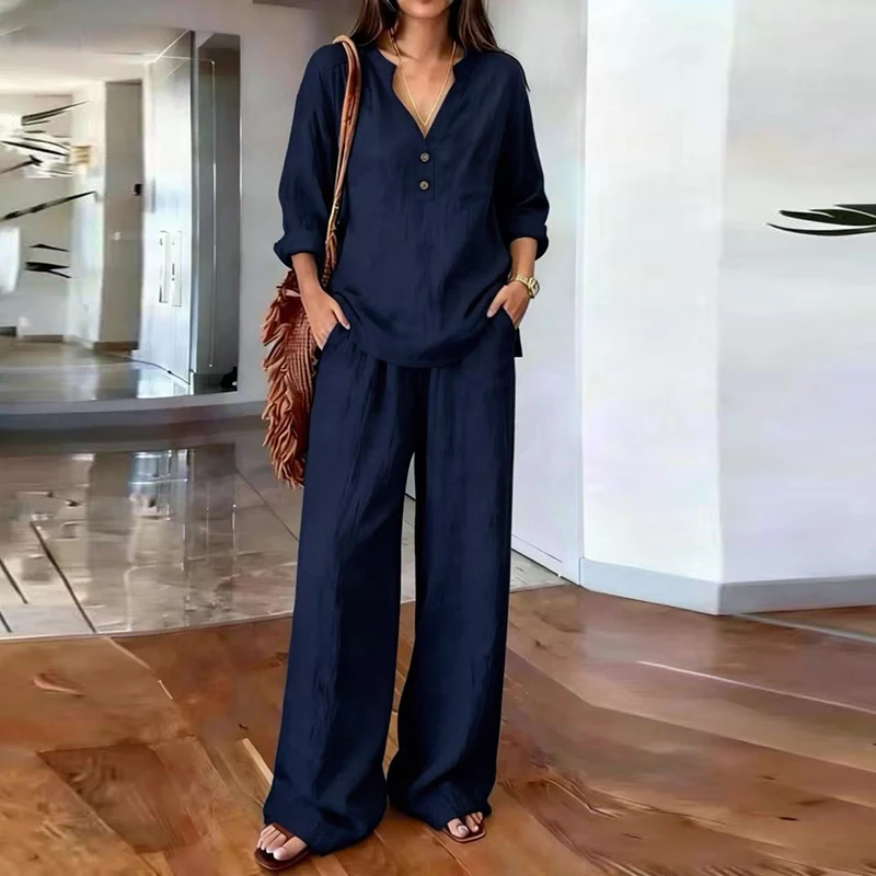 

New Spring Summer V Neck Long Sleeve Button Shirt Loose Pants Suit Women Casual Two Piece Set Solid Color Comfortable Outfits