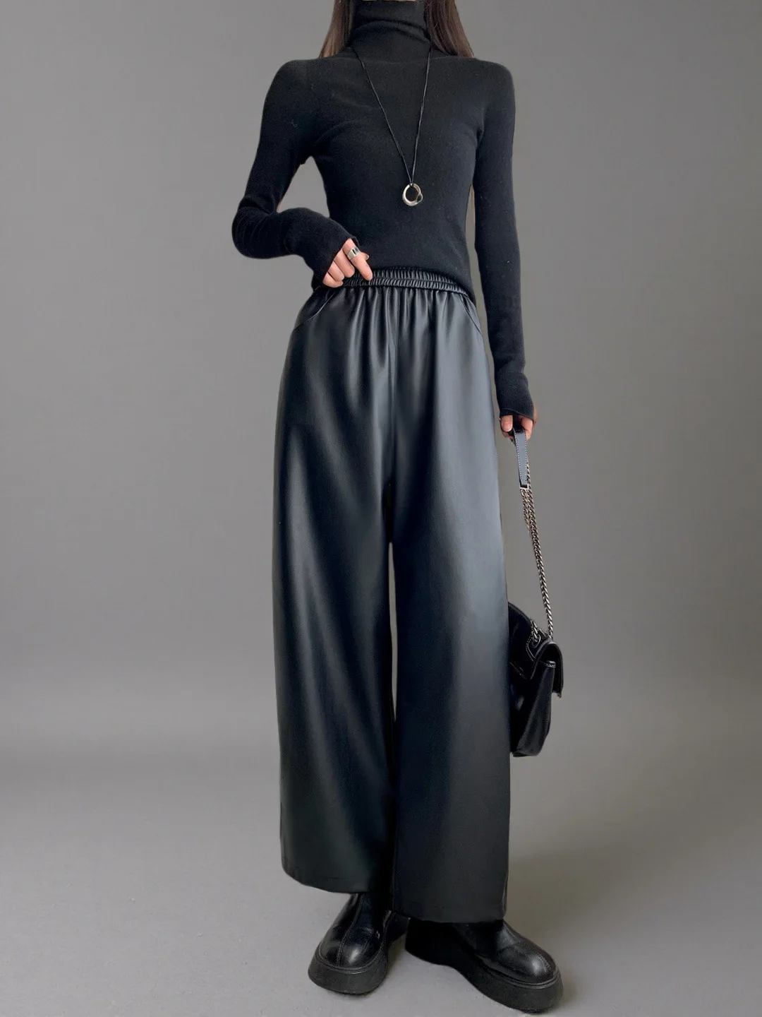 

Женские повседневные брюки из искусственной кожи с высокой талией, свободного кроя, с эффектом утяжки живота, на флисовой подкладке, осенне-зимние, черные