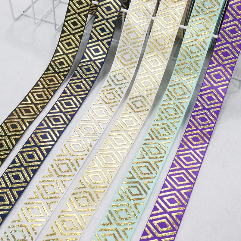 

1'' 25mm Laser Gold Foil Diamond Rhombus Printed Polyester Single Face Satin Ribbon For Gift Packing DIY Sewing Accessories