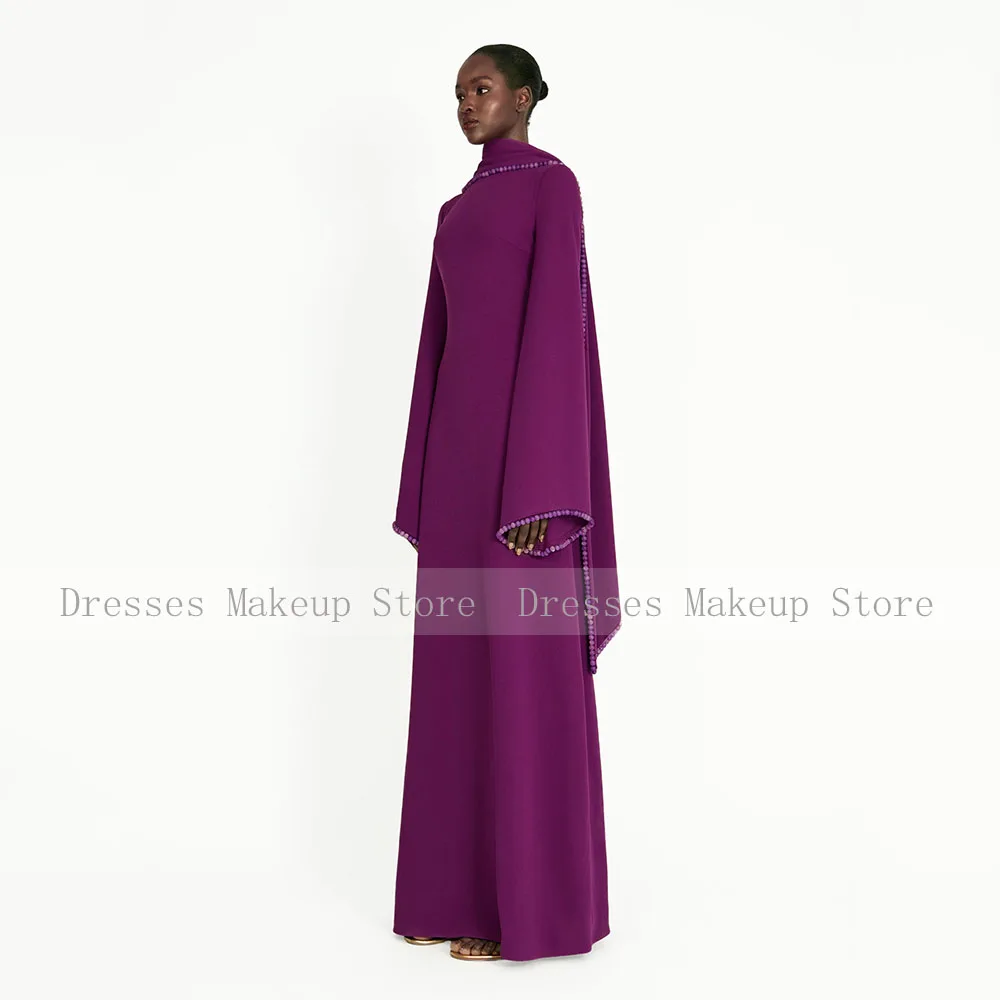 Modest Evening Dress Purple Pearls O Neck Long Sleeves 2025 Women's Evening Gowns Long A Line Formal Party Dresses with Scarf image 4