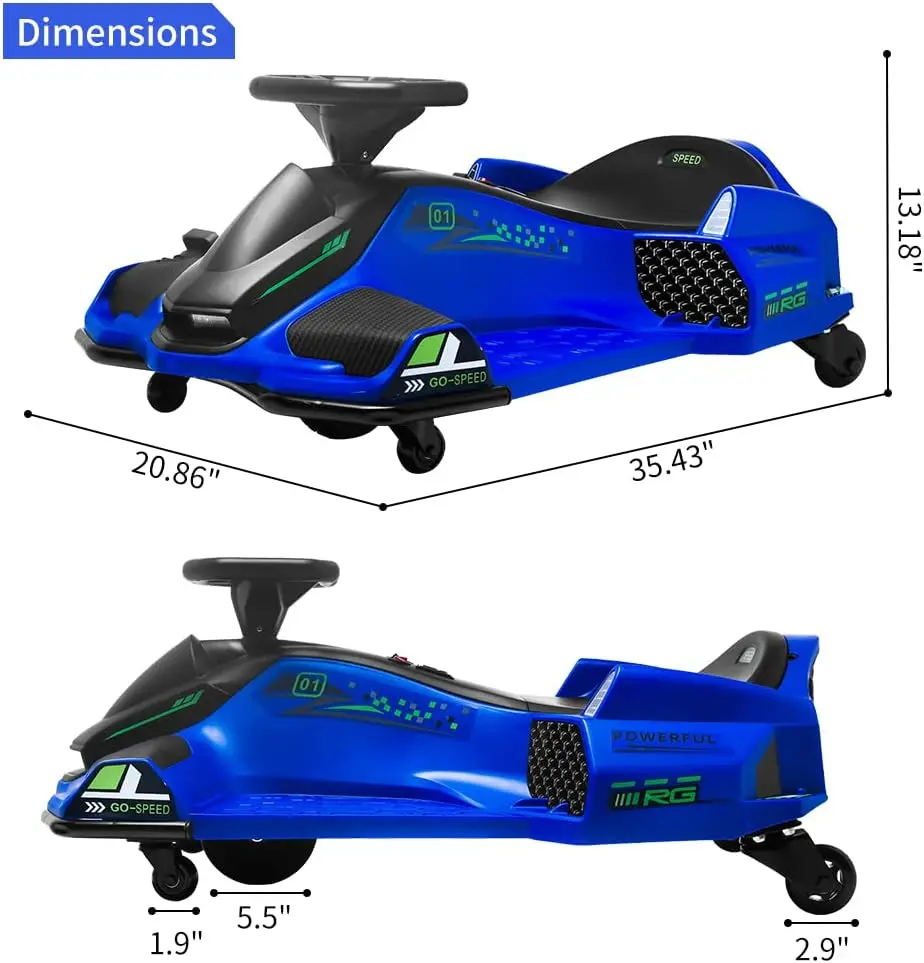 Voiture électrique à dérive pour enfants, 24V, Go-Kart jusqu'à 7.5 mph, vitesse Variable avec musique, lumière LED colorée, alarme faible consommation