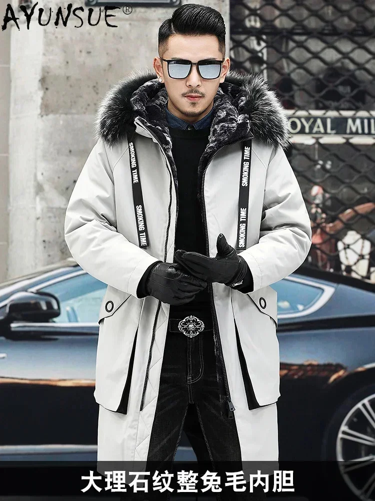 AYUNSUE Hooded 100% Real Rabbit Fur Liner Jacket Men Winter 2025 Warm Big Raccoon Collar Parkas Male Casaco Masculino Gxy778