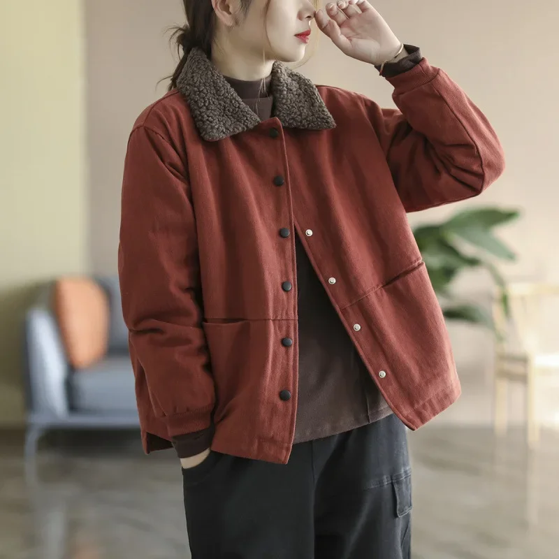 Autumn and winter new retro solid color cotton-padded clothes, piled and thickened warm short cotton-padded jacket