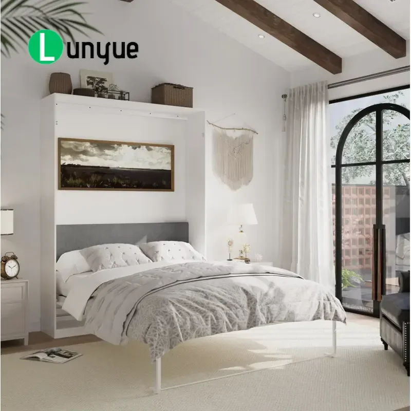 White Modern Murphy Bed Hidden Folding Wall Bed Space Saving Closet Bed for Bedroom Living Room Apartment Home Furniture