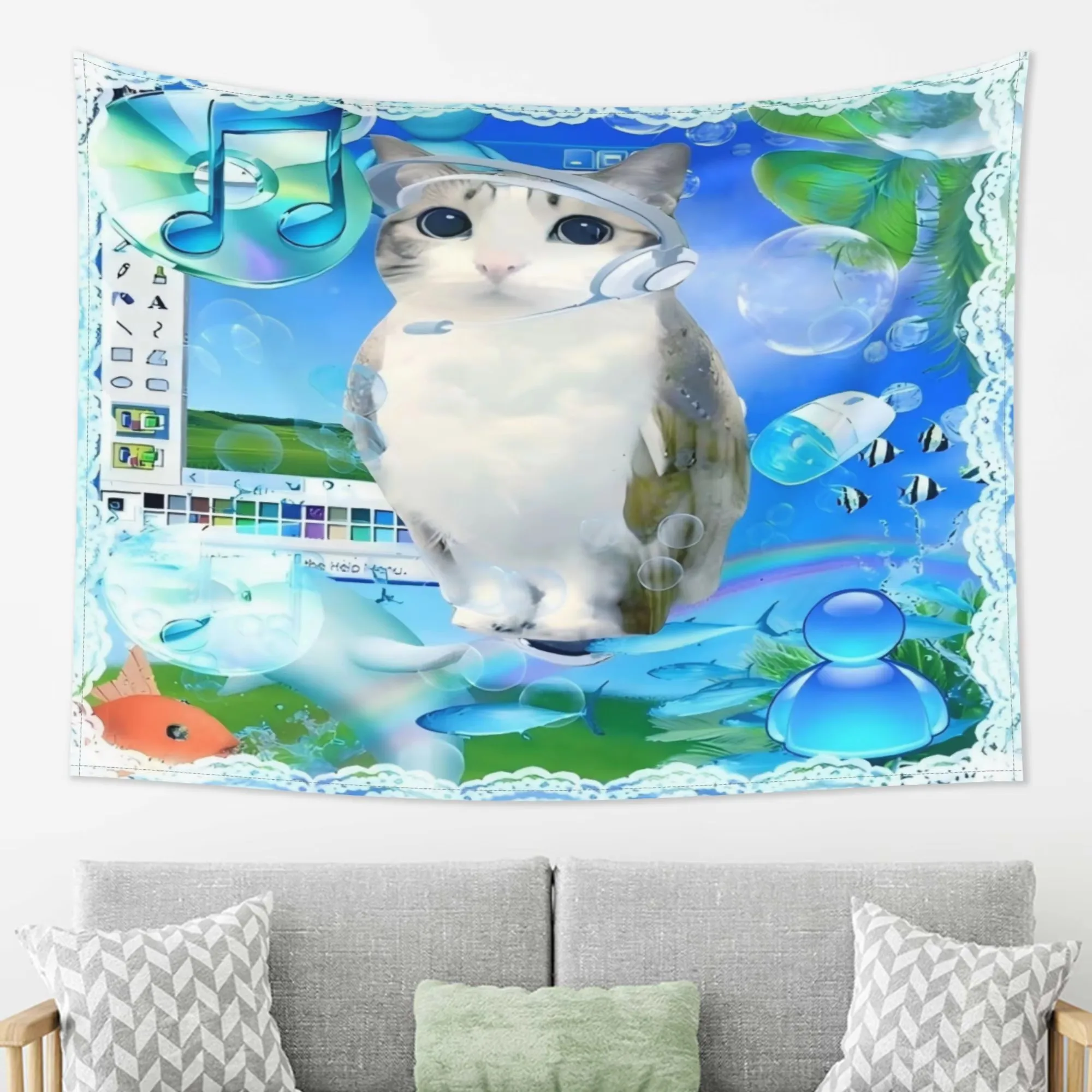 Vaporwave Meme Cat Wall Tapestry, Retro Computer Bubble Fish Bohemian Aesthetic Decor for Living Room Dorm Bedroom Gift