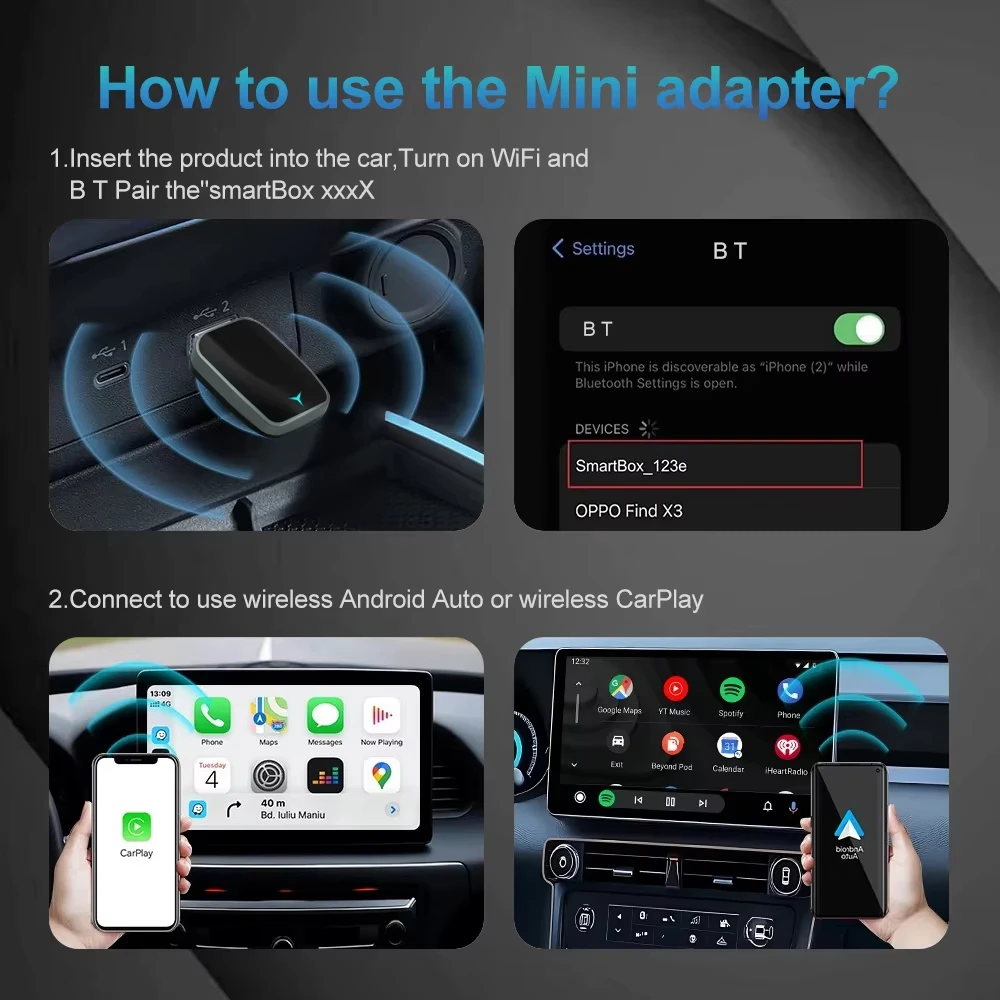 Xiaomi Upgrade 2In 1 Wireless Carplay AI Box Android Auto Plug Play Dotyczy konwersji oryginalnego przewodowego Carplay w samochodzie na bezprzewodowy