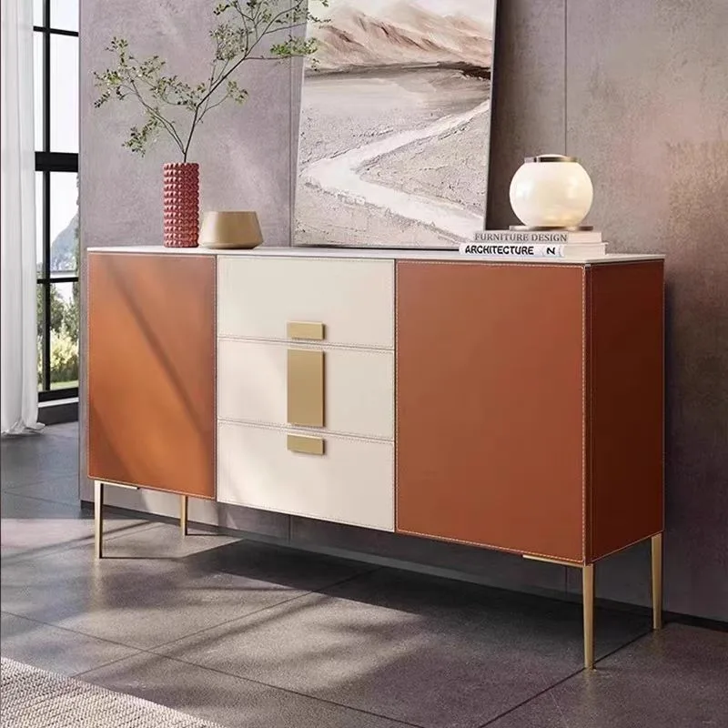 High-end Italian light luxury against the wall saddle leather bucket cabinet restaurant rock slab entrance tea cabinet