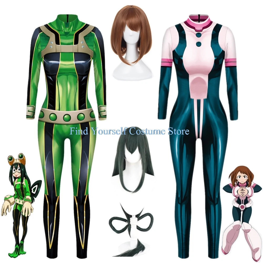 Anime meu herói academia ochaco uraraka asui tsuyu froppy cosplay traje peruca impressão apertada macacões mulher sexy carnaval terno