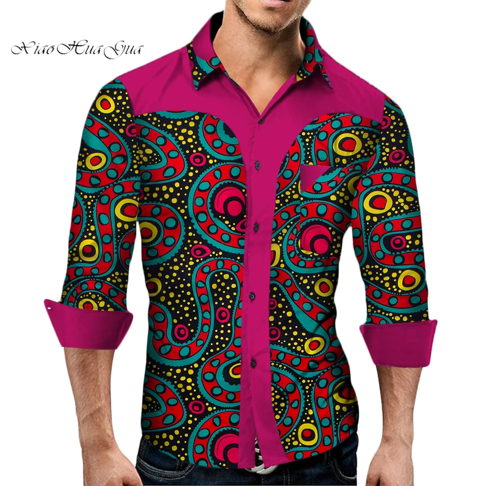 Plus Size African Print Shirt for Men Long Sleeve Dashiki Tops African Clothes Patchwork Casual Style Men Shirt WYN349