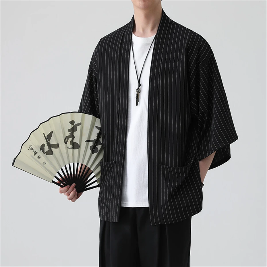 Large Size Striped Shirts Men Vintage Japan Style Ice Silk Short Sleeve Shirt for Men Oversized Harajuku Casual Blouse Cardigan