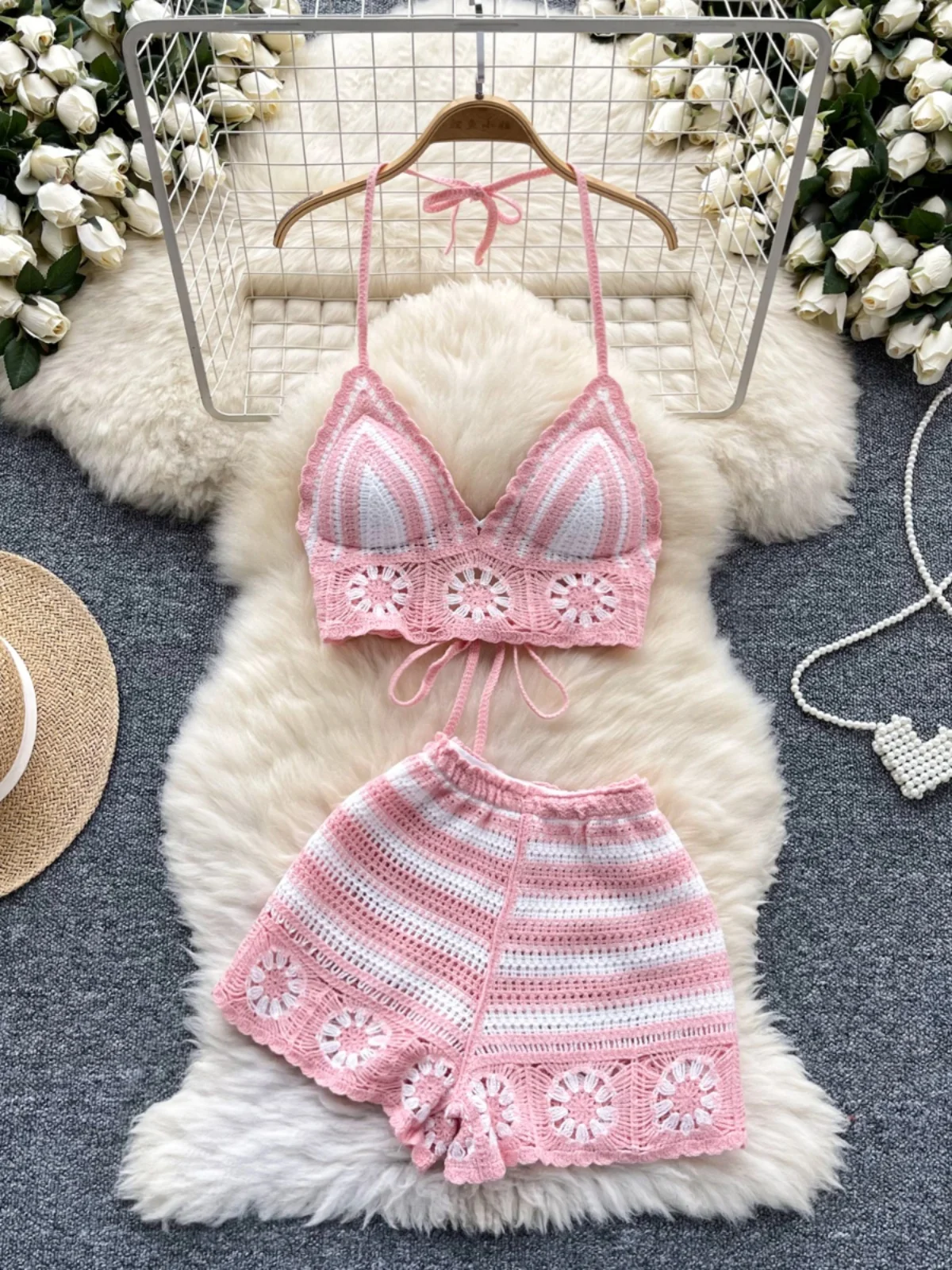 

Sweet Spicy Girl Holiday Style Women's Chic Sexy Hollow out Hook Flower Hanging Neck Strap Vest High Waist Knitted Shorts Set