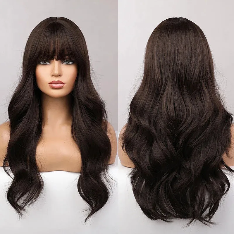 

Dark Brown Natural Wavy Machine Made Synthetic Hair Long Wig With Full Bangs