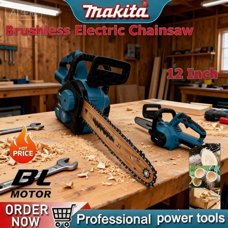 

Аккумуляторная цепная пила Makita, бесщеточная электрическая цепная пила 12 дюймов с цифровым дисплеем для обрезки садовых деревьев и веток.