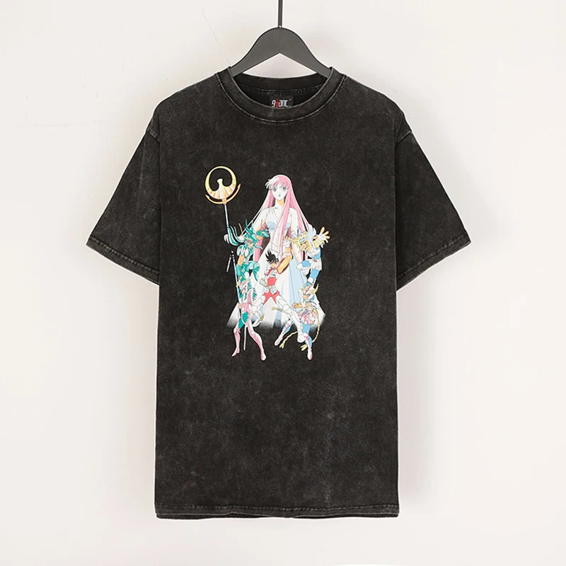 Wash Vintage Cartoon Anime Printing Saint T Shirt Men Woman High Street Casual Loose Lovers Versatile Tops Tee