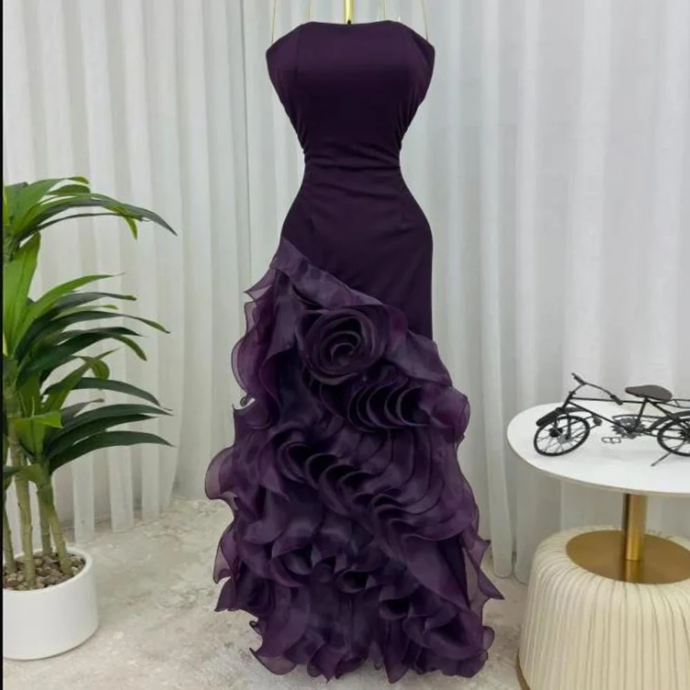 

Customized Ruffles Layered Prom Dresses Strapless Mermaid Evening Party Gown Purple Oranga Bottom Wedding Party Dress