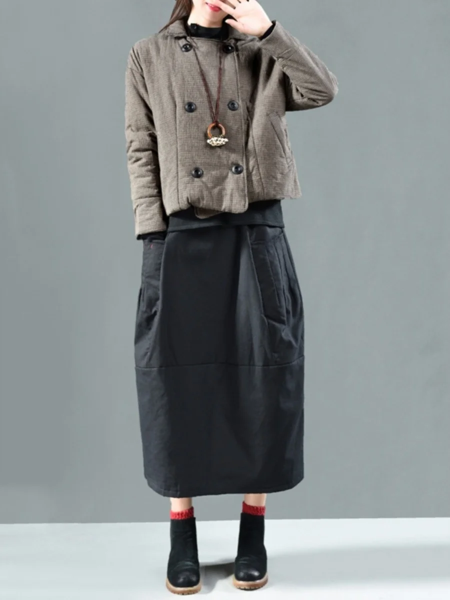 Retro bawełniana spódnica Thiened na jesień, zimę i wiosnę, damska, luźna, w kształcie litery A, ciepła, wyszczuplająca, z elastyczną talią, uniwersalna, długość do połowy łydki.