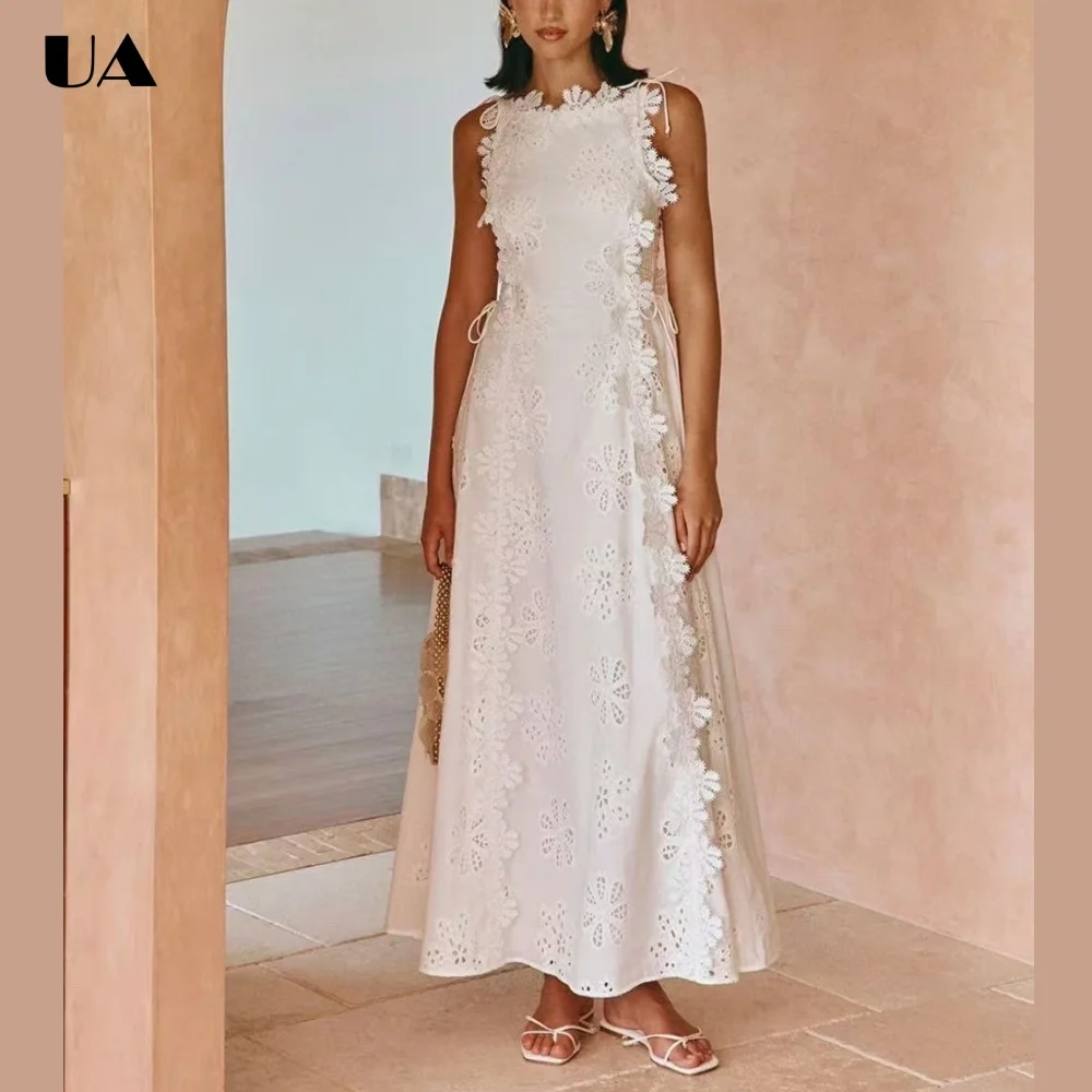 

French Style A-line Lace-trimmed Long Dresses for Women Vacation Style Lace-up Maxi Dress Fashionable Sleeveless Solid Dress