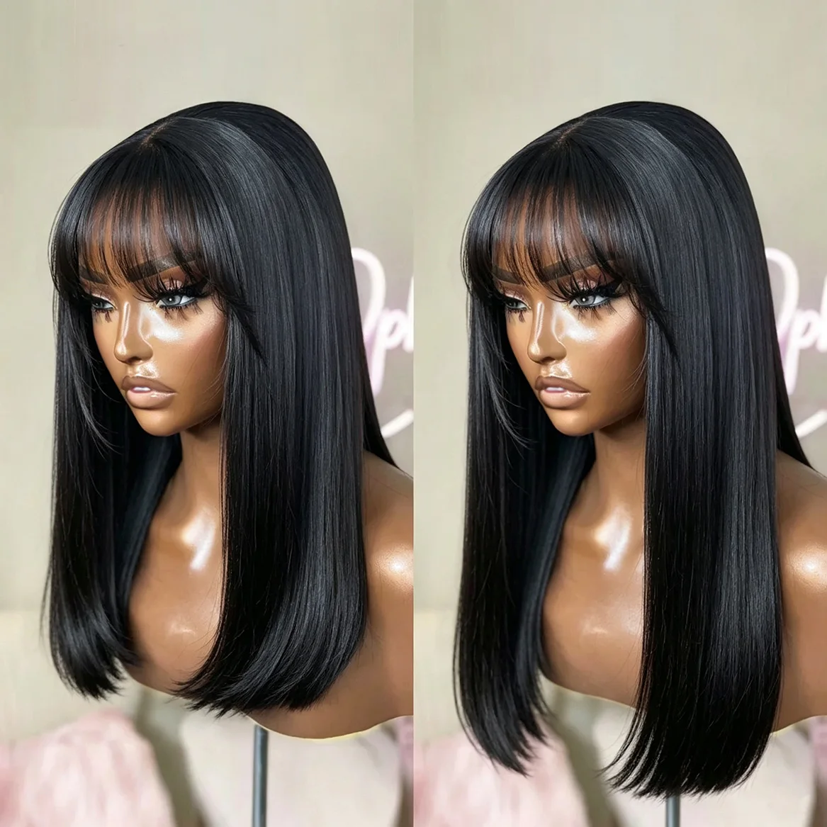 Straight Bob 100% Human Hair Wigs With Bangs 3X2 Middle Part Lace Wig 300 Density Natural Black Short Bob Fringe Wigs For Women