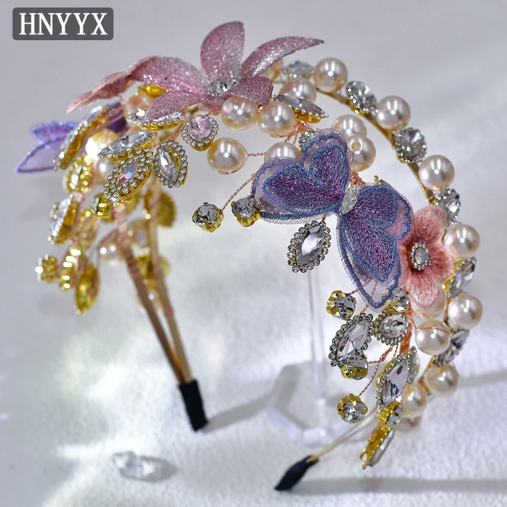 HNYYX ślub Rhinestone Tiara korona perła akcesoria do włosów dla kobiet kolorowa opaska na głowę ślubne nakrycia głowy biżuteria nakrycie głowy A198